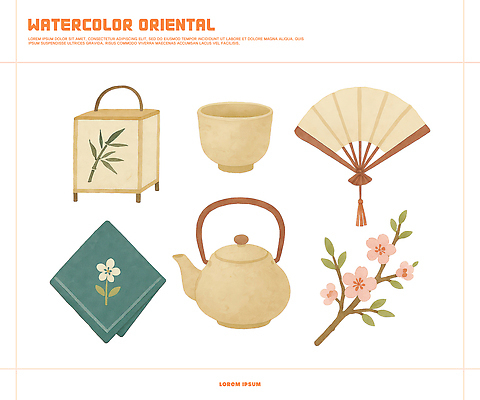 PSD 나무 전통 디자인 꽃 아시아 문화 예술 일러스트 수채화 손잡이 장식 일본 중국 등불 부채 다기 오브젝트 그림 민속 감성 국내일러스트 식물 나라 컨셉 조명 다도 파일형식