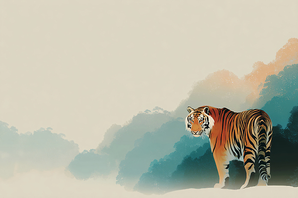 JPG 나무 동물 일러스트 자연 생명 산 바닥 태양 평화 안개 호랑이 숲속 숲 조형 강렬 생동감 국내일러스트 AI일러스트 AI콘텐츠 자연요소 식물 컨셉 포유류 날씨 생태계 파일형식