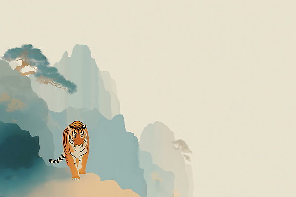 JPG 나무 동물 아시아 여유 예술 일러스트 자연 수채화 산 풍경 초원 걷기 고요 호랑이 숲 그림 뷰티풀 국내일러스트 AI일러스트 AI콘텐츠 식물 감정 나라 포유류 모션 생태계 파일형식