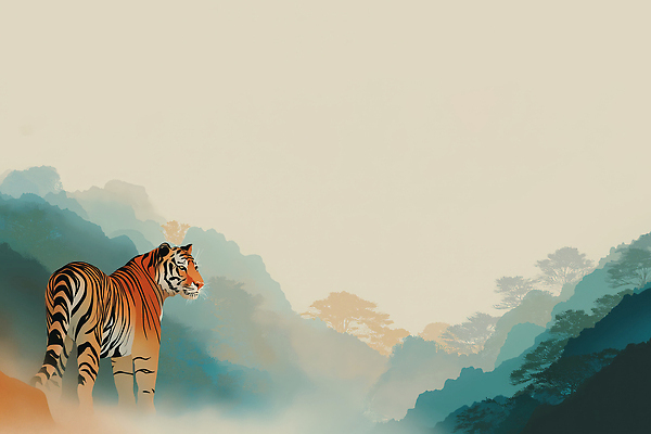 JPG 동물 일러스트 자연 아침 산 풍경 평화 어둠 고요 안개 호랑이 숲 조용 사냥꾼 서식지 뷰티풀 몽환 생존 국내일러스트 AI일러스트 AI콘텐츠 주간 직업 컨셉 포유류 날씨 생태계 파일형식