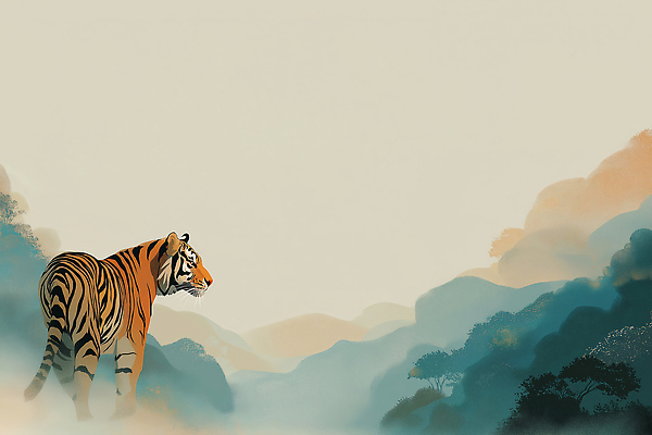 JPG 동물 백그라운드 일러스트 자연 산 털 풍경 환경 맑음 고요 안개 호랑이 숲 그림 탐색 조화 국내일러스트 AI일러스트 AI콘텐츠 포유류 날씨 생태계 파일형식