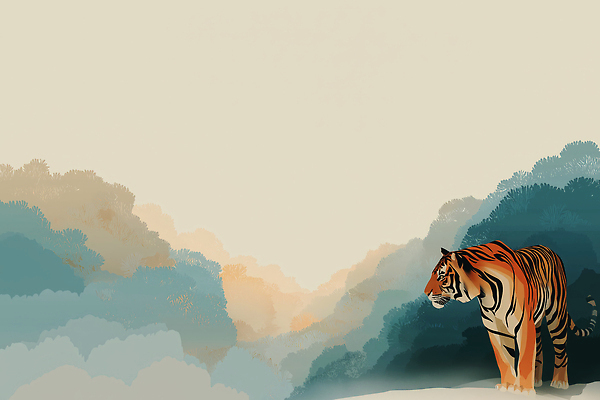 JPG 동물 컬러 일러스트 자연 아침 풍경 파란색 갈색 환경 고요 호랑이 숲속 숲 열대우림 생태계 조화 국내일러스트 AI일러스트 AI콘텐츠 주간 포유류 파일형식