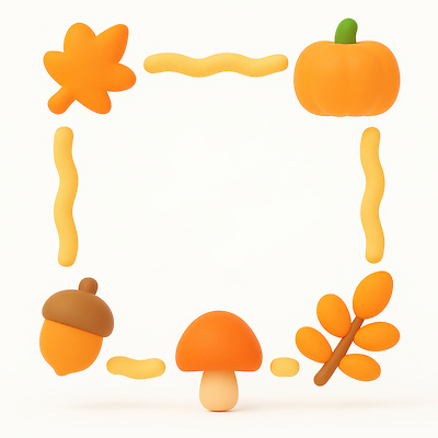 JPG 편집이미지 디자인 컬러 호박 가지 나뭇잎 프레임 장식 사각형 주황색 버섯 공예 도토리 창의력 아기자기 편집3D AI컴퓨터그래픽 AI콘텐츠 도형 컨셉 잎 채소 취미 3D 견과류 파일형식