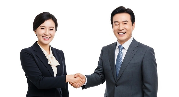 JPG 편집이미지 여자 남자 비즈니스 관계 커뮤니케이션 협력 악수 협상 웃음 정장 사무실 믿음 긍정 전문 의료성형뷰티 편집실사 AI인물포토 AI콘텐츠 옷 감정 컨셉 표정 사람 손짓 CG 파일형식 AI포토