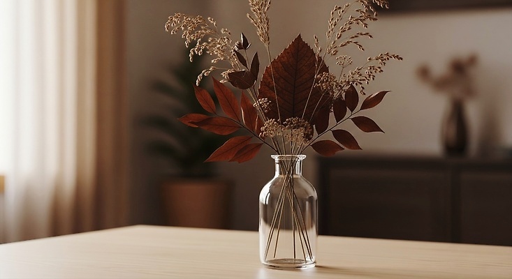 JPG 식물 편집이미지 꽃 탁자 유리병 나뭇잎 실내 따뜻함 장식 인테리어 고요 분위기 오브젝트 편집실사 AI포토 AI콘텐츠 디자인 가구 컨셉 잎 병_용기 내부 CG 파일형식