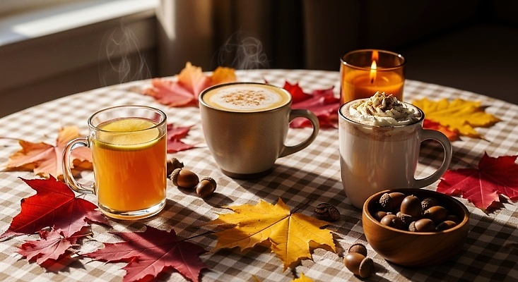 JPG 편집이미지 커피 음료 단풍 탁자 따뜻함 햇빛 식사 분위기 편안함 향기 홈카페 편집실사 AI포토 AI콘텐츠 가구 컨셉 잎 태양 카페 감각 CG 냄새 파일형식