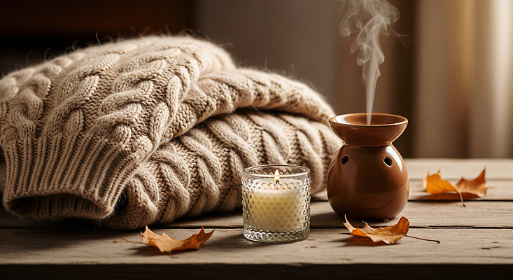 JPG 나무 편집이미지 단풍 잎 자연 따뜻함 인테리어 공간 분위기 연기 편안함 스웨터 오브젝트 향기 향초 편집실사 AI포토 AI콘텐츠 식물 디자인 컨셉 상의 초 감각 CG 생태계 냄새 파일형식