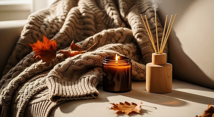 JPG 편집이미지 낙엽 거실 휴식 소파 공간 분위기 편안함 담요 니트 향기 향초 디퓨저 온기 편집실사 AI포토 AI콘텐츠 컨셉 상의 잎 의자 초 감각 CG 냄새 파일형식