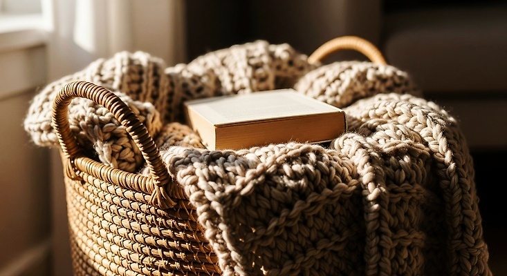 JPG 편집이미지 가정 휴식 책 인테리어 독서 햇빛 바구니 공간 방 편안함 담요 오브젝트 손뜨개 편집실사 AI포토 AI콘텐츠 디자인 컨셉 태양 감각 CG 파일형식