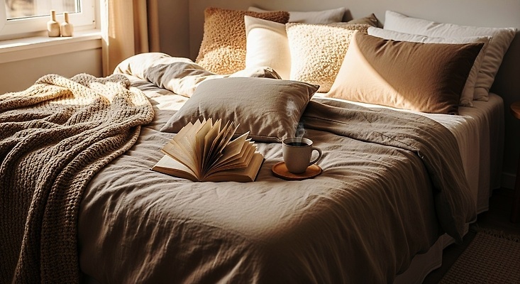 JPG 편집이미지 커피 쿠션 아침 휴식 주택 따뜻함 책 인테리어 독서 공간 침대 편안함 담요 편집실사 AI포토 AI콘텐츠 주간 디자인 음료 가구 컨셉 건물 감각 CG 파일형식