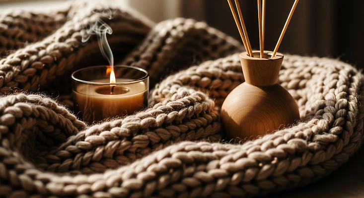 JPG 편집이미지 겨울 집안 휴식 주택 따뜻함 캐주얼 인테리어 분위기 편안함 담요 오브젝트 향 향초 편집실사 AI포토 AI콘텐츠 디자인 옷 계절 컨셉 초 실내 건물 감각 CG 파일형식