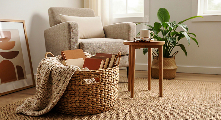 JPG 식물 편집이미지 디자인 컬러 거실 의자 탁자 따뜻함 책 인테리어 바구니 공간 방 편안함 오브젝트 편집실사 AI포토 AI콘텐츠 가구 감각 CG 파일형식