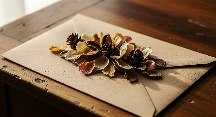 JPG 편집이미지 꽃 예술 자연 봉투 장식 인테리어 편지 소재 솔방울 수공예 나무탁자 편집실사 AI포토 AI콘텐츠 식물 디자인 탁자 공예 CG 생태계 파일형식