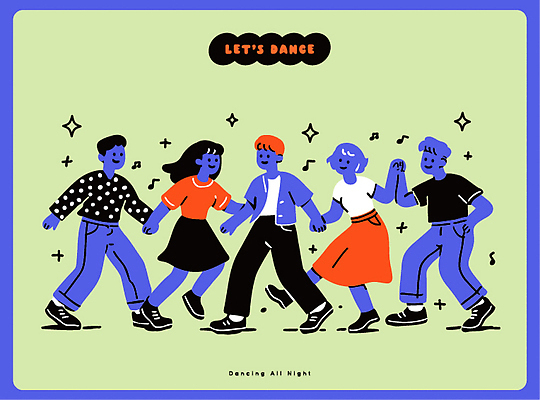 캐릭터 문화 음악 컬러 포즈 일러스트 모션 협력 함께함 표정 사람 친구 파티 춤 즐거움 리듬 생동감 국내일러스트 AI파일 감정 컨셉 관계 문화예술 이벤트 파일형식 벡터