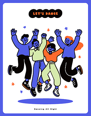 컬러 포즈 일러스트 모션 여러명 파티 축제 기쁨 에너지 표현 춤 그룹 분위기 결합 즐거움 상승 사교 생동감 창의성 국내일러스트 AI파일 감정 다수 컨셉 문화예술 사람 이벤트 파일형식 벡터