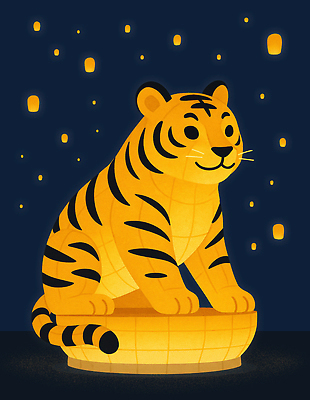 PSD 동물 전통 디자인 기념일 문화 컬러 조각 일러스트 밤하늘 조명 한국 밝음 풍경 이벤트 빛 조형물 축제 호랑이 그림 연등 대형 국내일러스트 아시아 포유류 하늘 미술 등불 야간 불교용품 파일형식