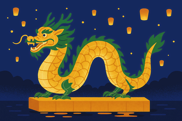 PSD 전통 디자인 아시아 문화 예술 상징 일러스트 하늘 조명 한국 물 축제 중국 어둠 금색 등불 신화 나무판자 드래곤 생동감 국내일러스트 자연요소 나라 컬러 목재 파일형식