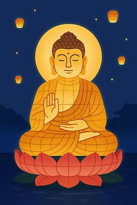 PSD 전통 상징 불교 일러스트 자연 하늘 연꽃 평화 고요 금색 등불 의식 저녁 명상 힐링 부처 조화 뷰티풀 국내일러스트 꽃 종교 컬러 컨셉 조명 야간 생태계 파일형식