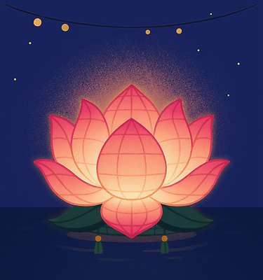 PSD 전통 예술 컬러 일러스트 자연 밤하늘 조명 연꽃 장식 물 여름 빛 평화 축제 등불 분위기 수조 장면 뷰티풀 차분 국내일러스트 자연요소 계절 꽃 컨셉 하늘 야간 생태계 파일형식