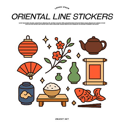 전통 디자인 꽃 문화 예술 컬러 백그라운드 스티커 일러스트 주전자 그래픽 장식 오브젝트 그림 금붕어 등롱 색감 테마 국내일러스트 AI파일 식물 주방용품 어류 파일형식 벡터