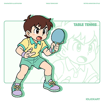 캐릭터 어린이 스포츠 컬러 포즈 일러스트 놀이 소년 초록색 운동복 운동 노란색 게임 라켓 탁구 즐거움 승부 액션 일러캐릭터 AI파일 옷 남자 감정 스포츠용품 건강 사람 구기 파일형식 벡터