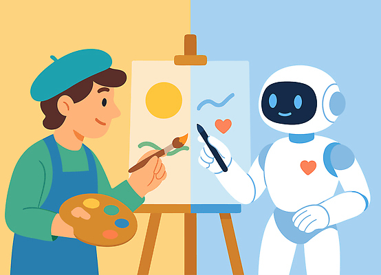컬러 일러스트 협력 기술 친구 표현 작업 색칠 로봇 그림 예술가 캔버스 상상력 순간 창의성 화구 디지털아트 상호작용 국내일러스트 AI파일 관계 미술도구 파일형식 벡터