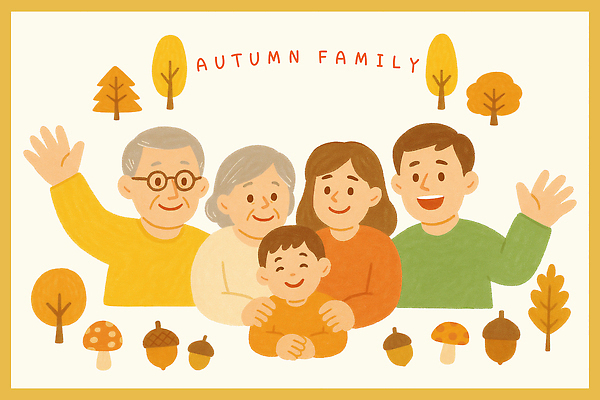 PSD 할아버지 할머니 어린이 단풍 일러스트 가족 자연 놀이 엄마 함께함 따뜻함 사랑 웃음 귀여움 기쁨 아빠 장면 순간 국내일러스트 여자 노년 남자 감정 컨셉 잎 관계 표정 사람 생태계 파일형식