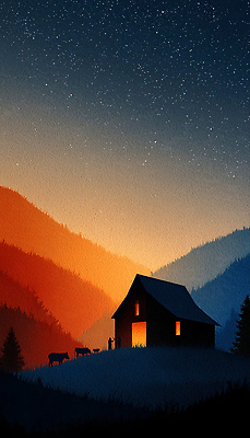 JPG 동물 실루엣 별 일러스트 가족 자연 하늘 조명 산 주택 풍경 초원 빛 농장 평화 황혼 소 저녁 숲 목가 국내일러스트 AI일러스트 AI콘텐츠 자연요소 컨셉 농업 포유류 관계 촬영기법 건물 일몰 야간 생태계 파일형식