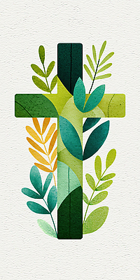 JPG 식물 디자인 종교 예술 백그라운드 십자가 잎 일러스트 자연 생명 창조 그래픽 초록색 노란색 평화 환경 심볼 조화 뷰티풀 국내일러스트 AI일러스트 AI콘텐츠 컬러 컨셉 생태계 파일형식