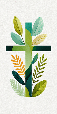 JPG 식물 디자인 종교 상징 백그라운드 십자가 잎 일러스트 자연 창조 미술 그래픽 장식 초록색 주황색 기독교인 그림 조화 국내일러스트 AI일러스트 AI콘텐츠 기독교 컬러 문화예술 생태계 파일형식