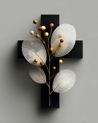 JPG 편집이미지 열매 예술 십자가 잎 자연 장식 인테리어 갈색 검은색 고요 흰색 분위기 조화 이미지편집 AI컴퓨터그래픽 AI콘텐츠 식물 디자인 컬러 컨셉 생태계 파일형식