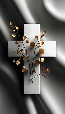 JPG 편집이미지 디자인 기독교 예술 상징 백그라운드 십자가 크리스마스 가지 장식 평화 금색 흰색 모던 신성 구성 이미지편집 AI컴퓨터그래픽 AI콘텐츠 기념일 종교 컬러 컨셉 채소 파일형식