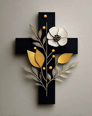 JPG 식물 편집이미지 디자인 꽃 예술 벽 십자가 미술 장식 인테리어 검은색 금색 흰색 이미지편집 AI컴퓨터그래픽 AI콘텐츠 컬러 문화예술 파일형식