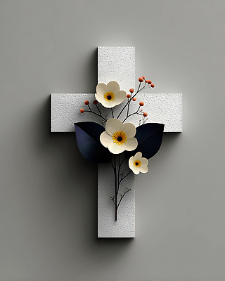 JPG 편집이미지 디자인 꽃 종교 예술 컬러 십자가 장식 흰색 기독교인 우아함 순수 모던 심플 뷰티풀 이미지편집 AI컴퓨터그래픽 AI콘텐츠 식물 기독교 컨셉 파일형식