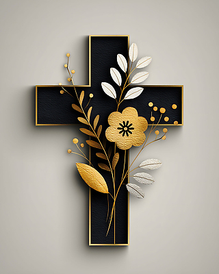 JPG 편집이미지 디자인 꽃 종교 상징 십자가 실내 장식 검은색 금색 고급 은색 작품 이미지편집 AI컴퓨터그래픽 AI콘텐츠 식물 컬러 컨셉 미술 내부 파일형식