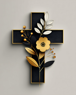 JPG 편집이미지 디자인 꽃 기독교 종교 예술 벽 십자가 잎 장식 인테리어 검은색 금색 은색 붙이기 이미지편집 AI컴퓨터그래픽 AI콘텐츠 식물 컬러 모션 파일형식