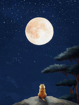 JPG 나무 동물 별 야생동물 일러스트 자연 밤하늘 풍경 고요 일몰 보름달 달 관찰 호랑이 숲 동물그림 뷰티풀 국내일러스트 AI일러스트 AI콘텐츠 자연요소 식물 포유류 모션 하늘 노을 야간 생태계 파일형식