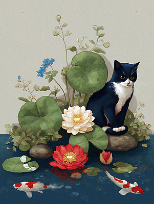 JPG 식물 동물 꽃 호수 컬러 일러스트 자연 어류 미술 풍경 여름 평화 고양이 돌_바위 연못 수중식물 수조 연습 국내일러스트 AI일러스트 AI콘텐츠 계절 컨셉 포유류 문화예술 반려동물 수중동물 생태계 파일형식