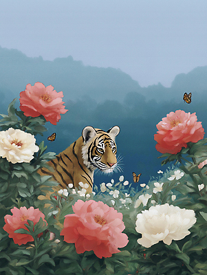 JPG 식물 동물 꽃 컬러 나비 일러스트 자연 생명 산 풍경 여름 호랑이 수면 숲 포근함 생태계 조용 뷰티풀 수목 국내일러스트 AI일러스트 AI콘텐츠 계절 곤충 포유류 물 감각 파일형식