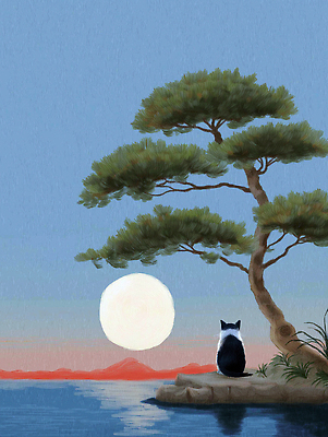 JPG 나무 식물 시선 호수 물결 바다 일러스트 자연 하늘 생명 산 풍경 물 평화 고양이 고요 일몰 달 저녁 그림 조용 국내일러스트 AI일러스트 AI콘텐츠 자연요소 컨셉 포유류 반려동물 노을 야간 생태계 파일형식