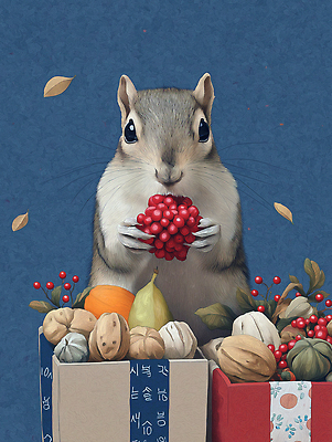 JPG 식물 동물 손 열매 컬러 백그라운드 잎 겨울 과일 일러스트 자연 생물 미소 파란색 상자 귀여움 정원 견과류 다람쥐 아기자기 국내일러스트 AI일러스트 AI콘텐츠 계절 컨셉 표정 신체부위 설치류 생태계 파일형식