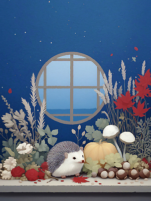 JPG 식물 동물 꽃 여유 컬러 일러스트 창문 자연 생명 호박 풍경 장식 파란색 반려동물 정원 포근함 고슴도치 뷰티풀 국내일러스트 AI일러스트 AI콘텐츠 감정 채소 포유류 감각 생태계 파일형식