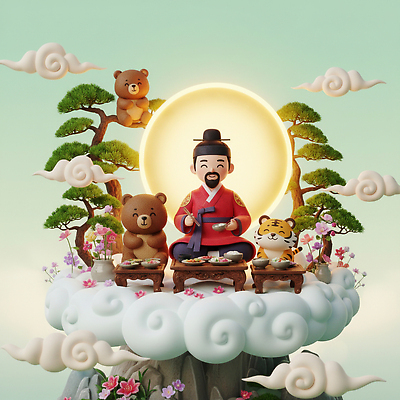 JPG 나무 편집이미지 남자 음식 곰 자연 식탁 웃음 친구 식사 봄 호랑이 전통의상 즐거움 개천절 단군 단군신화 뷰티풀 편집3D AI컴퓨터그래픽 AI콘텐츠 식물 동물 전통 계절 감정 포유류 관계 탁자 표정 사람 공휴일 3D 국경일 생태계 신화 파일형식