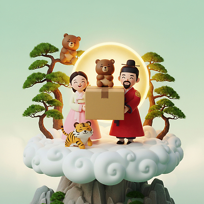 JPG 나무 편집이미지 캐릭터 전통 행복 문화 백그라운드 곰 가족 산 선물 웃음 호랑이 장면 개천절 단군 단군신화 편집3D AI컴퓨터그래픽 AI콘텐츠 식물 동물 감정 포유류 관계 표정 공휴일 3D 국경일 신화 파일형식