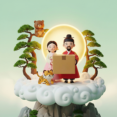 JPG 나무 동물 편집이미지 캐릭터 디자인 부부 행복 문화 여유 자연 한국 상자 전통의상 그림 개천절 단군 단군신화 편집3D AI컴퓨터그래픽 AI콘텐츠 식물 전통 커플 감정 아시아 공휴일 3D 국경일 생태계 신화 파일형식