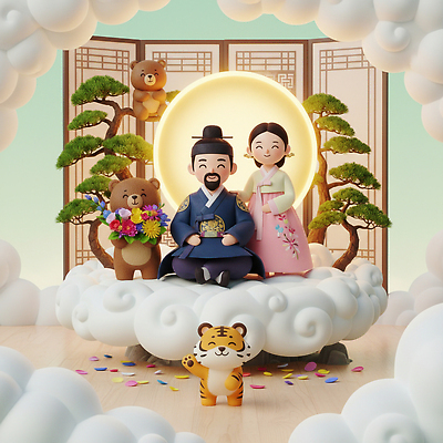 JPG 편집이미지 캐릭터 전통 꽃 행복 포장 결혼식 한국 사랑 조형물 축제 오브젝트 풍선 개천절 단군 단군신화 뷰티풀 편집3D AI컴퓨터그래픽 AI콘텐츠 식물 감정 아시아 결혼 미술 공휴일 3D 국경일 신화 파일형식