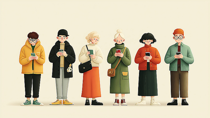 JPG 캐릭터 옷 문화 일러스트 기술 실내 여러명 취미 일상 친구 스마트폰 디지털 도시 그룹 편안함 그림 소통 국내일러스트 AI일러스트 AI콘텐츠 다수 컨셉 관계 사람 내부 라이프 핸드폰 스마트기기 감각 파일형식