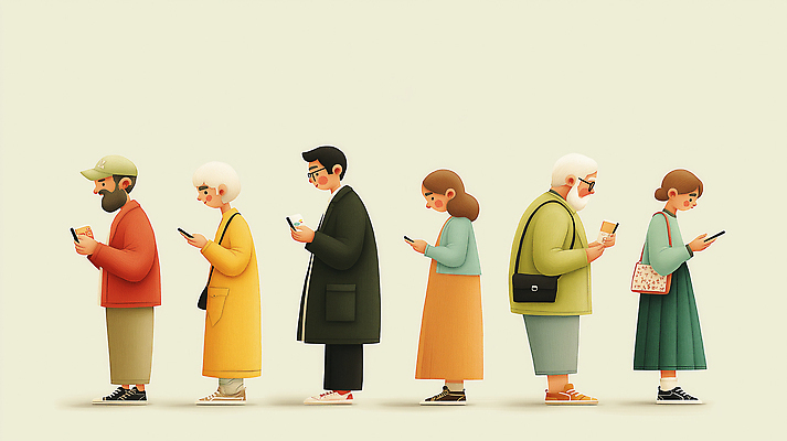 JPG 캐릭터 디자인 여자 남자 감정 줄 일러스트 기술 사람 여러명 일상 생활 스마트폰 대기 연령 소통 스타일 국내일러스트 AI일러스트 AI콘텐츠 다수 컨셉 라이프 핸드폰 스마트기기 파일형식