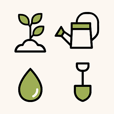 식물 아이콘 자연 농사 흙 물뿌리개 성장 물방울 도구 삽 모던 원예 자원 2D아이콘 AI파일 농업 취미 생태계 파일형식 벡터