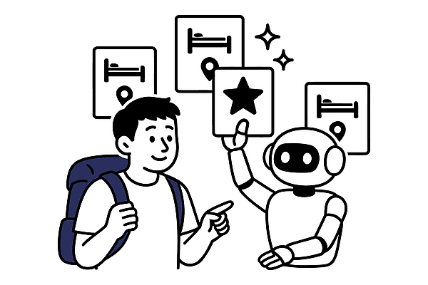 여행 일러스트 배낭 호텔 숙소 기술 여행객 공간 정보 도움 체험 선택 스마트 로봇 서비스 추천 예약 편리함 혁명 상호작용 국내일러스트 AI파일 컨셉 가방 사람 파일형식 벡터